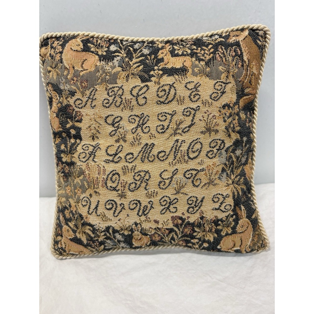 Vtg Small Tapestry Alphabet Pillow French Medieval Style Rabbits Fox Velvet Back